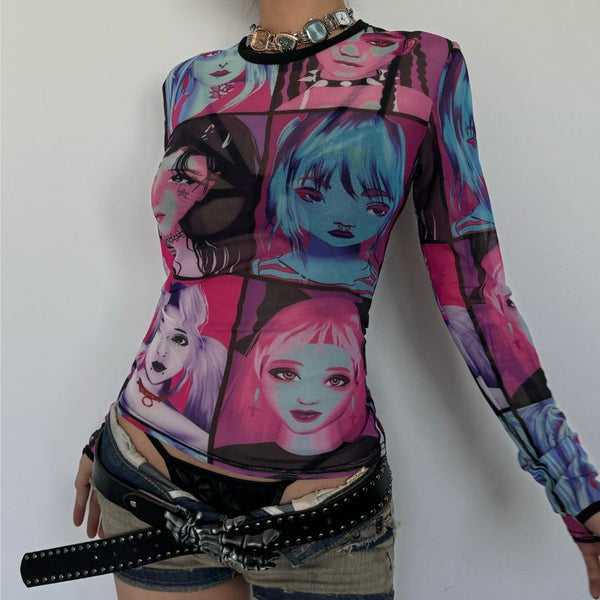 Crewneck long sleeve print mesh see-through top y2k 90s Revival Techno Fashion