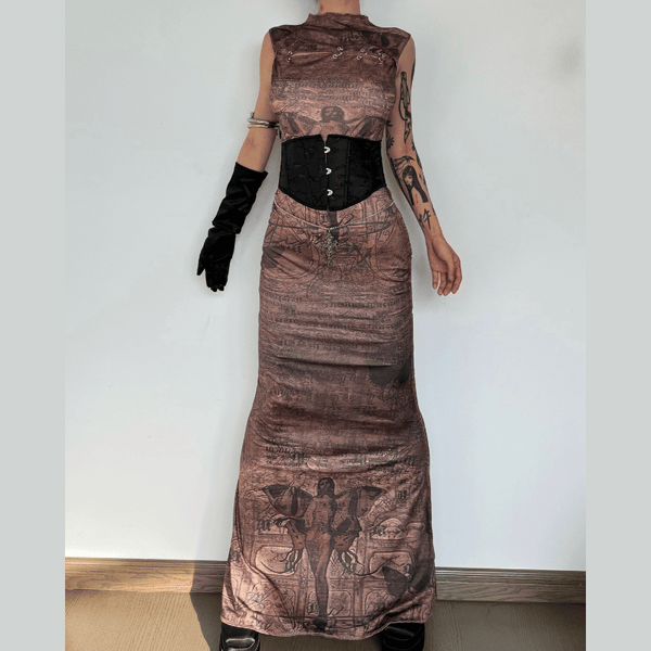 Abstract print hollow out stitch sleeveless maxi dress grunge 90s Streetwear Disheveled Chic Fashion grunge 90s Streetwear Distressed Fashion