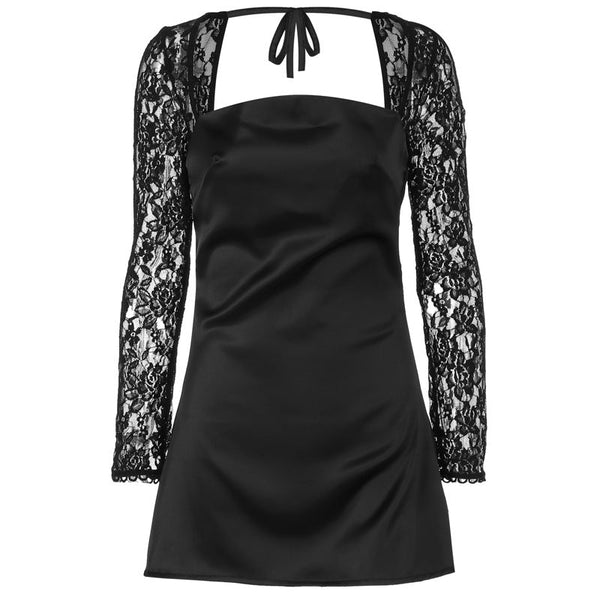 Long sleeve lace square neck self tie satin mini dress