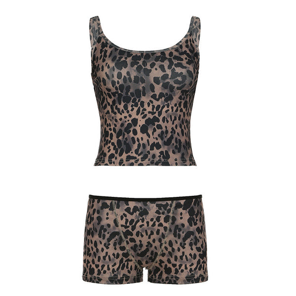 Leopard print u neck ribbed backless cami pant set