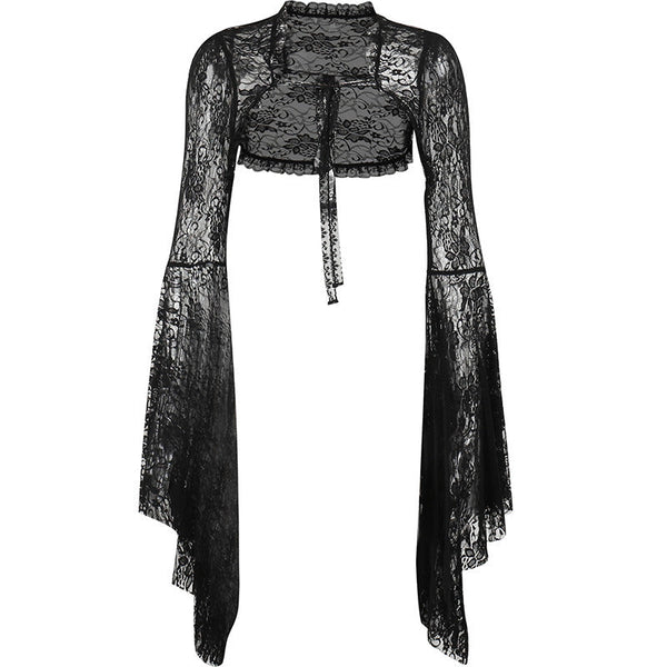 Long flared sleeve lace self tie shrug top