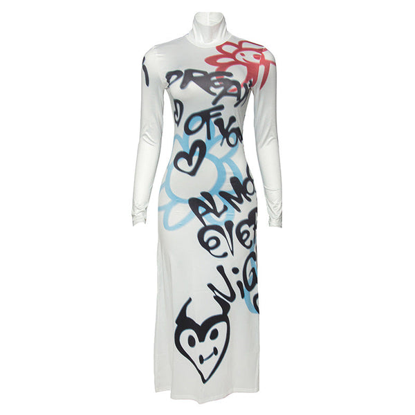 Long sleeve high neck graffiti print maxi dress