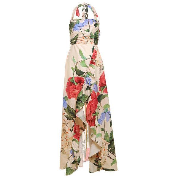 Halter flower print ruffle slit maxi dress