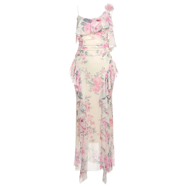 Flower print mesh ruffle cami maxi dress