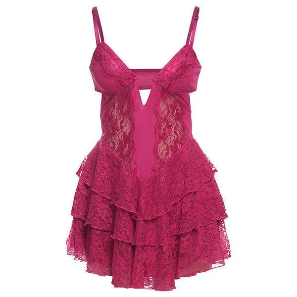 V neck lace ruffle cami mini dress