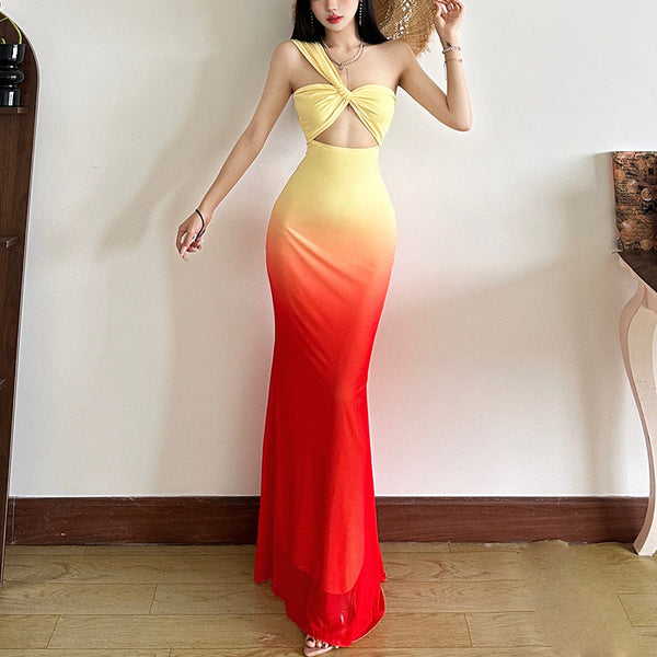 One shoulder hollow out gradient maxi dress