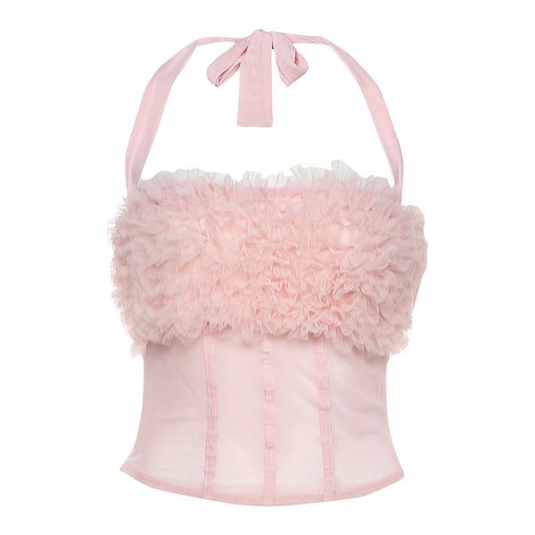 Halter zip-up mesh ruffle backless top