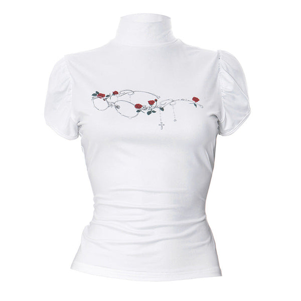 Puff sleeve high neck flower print top