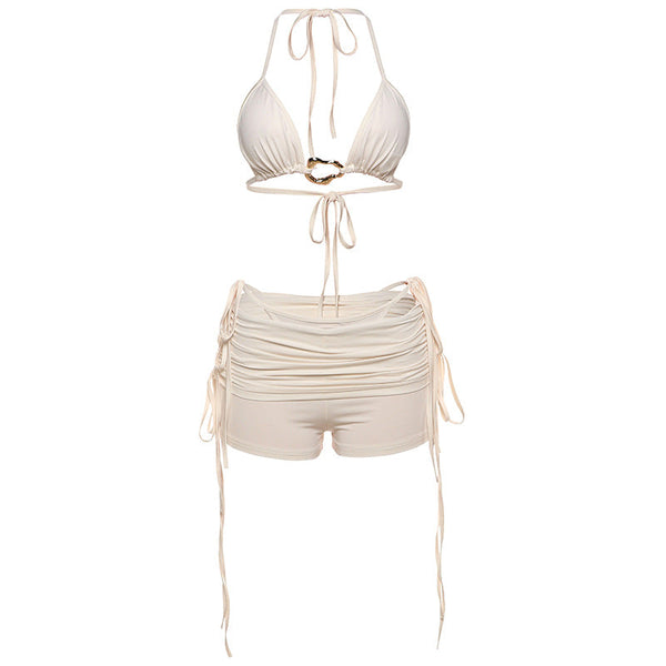 Halter self tie ruched solid 3 piece swimwear