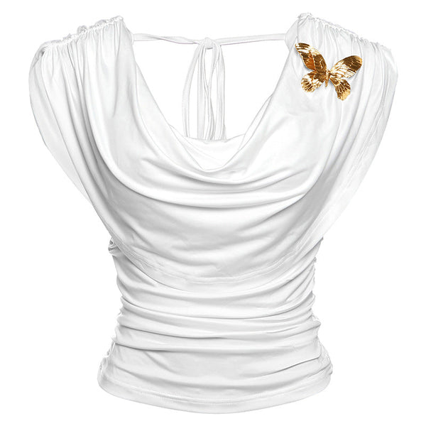Ruched self tie cowl neck butterfly applique top