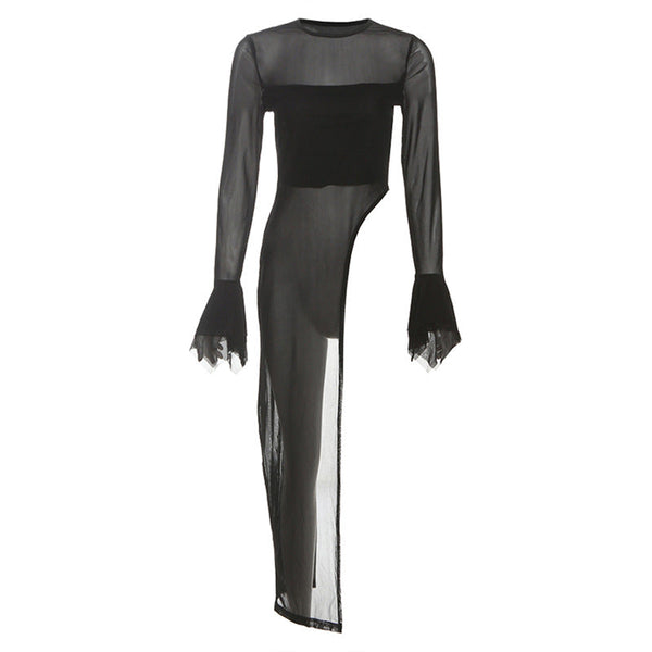 Long flared sleeve irregular crewneck mesh top