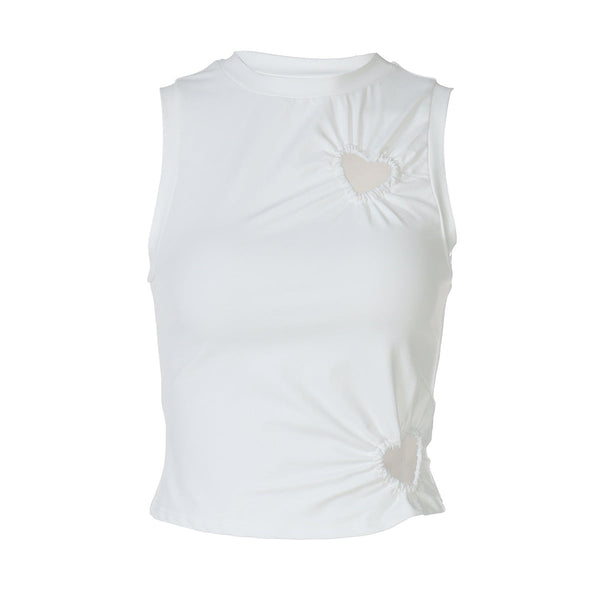 Crewneck heart hollow out ruched solid top