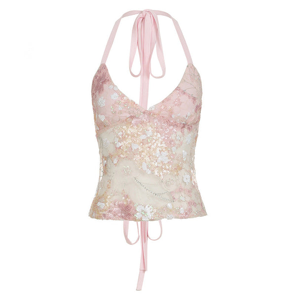 Halter self tie glitter v neck backless top