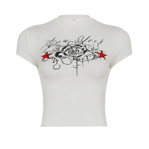 Crewneck short sleeve rose print contrast top