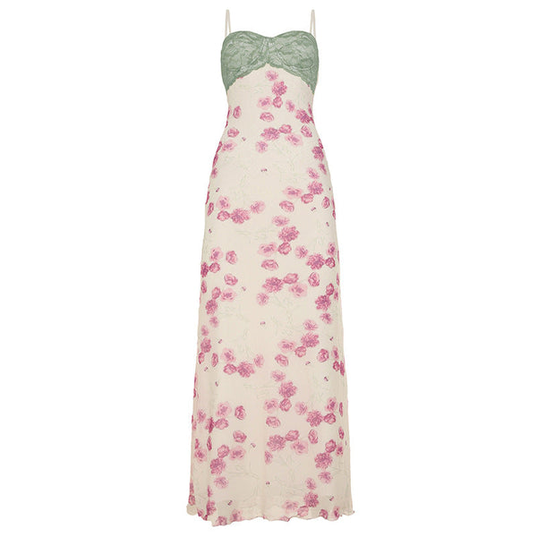 Mesh flower print backless cami maxi dress