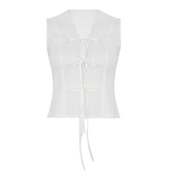 Self tie hollow out v neck ribbed solid top