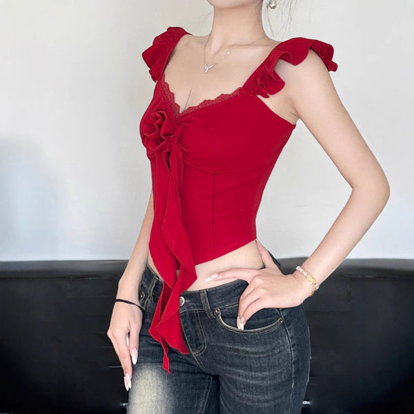 Ruffle v neck lace hem flower applique top