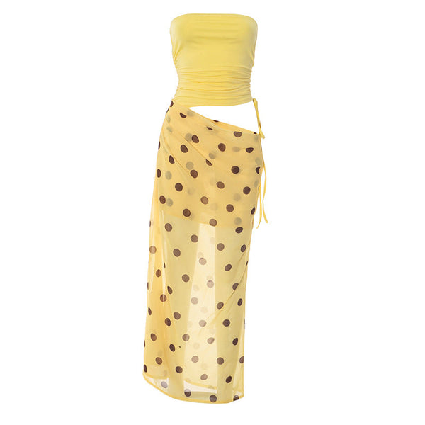 Polka dot hollow out drawstring ruched tube maxi dress