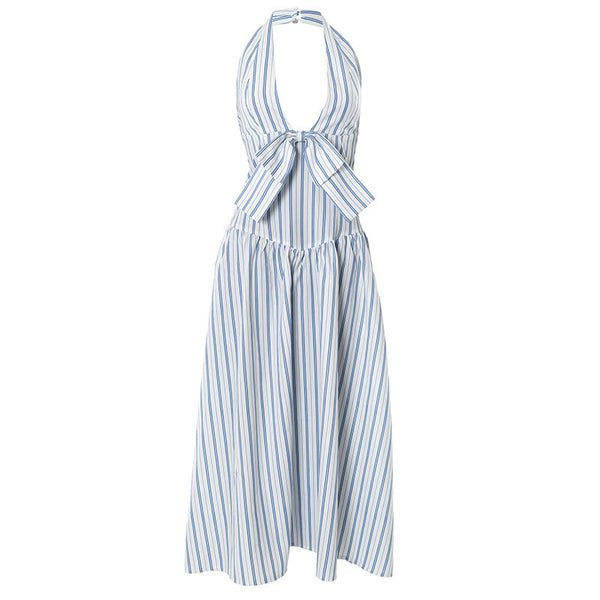 Striped bowknot zip-up halter maxi dress