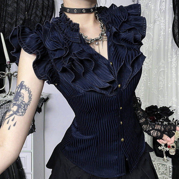 Ruffle textured v neck ruched blue top