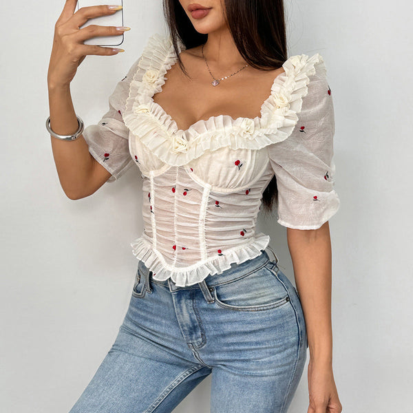 Embroidery ruffle ruched lace up top
