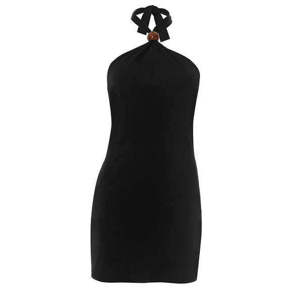 Halter self tie backless black mini dress