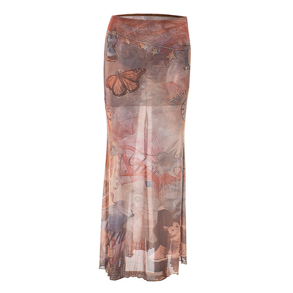 Butterfly print slit contrast mesh maxi skirt