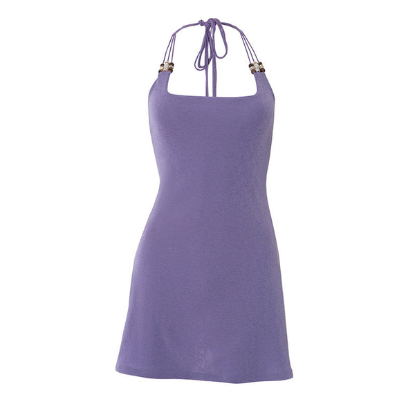 Square neck beaded halter self tie mini dress