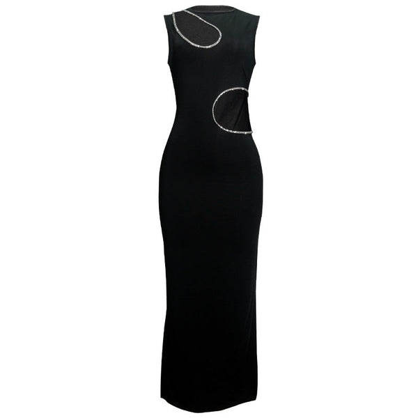 Beaded hollow out crewneck irregular maxi dress