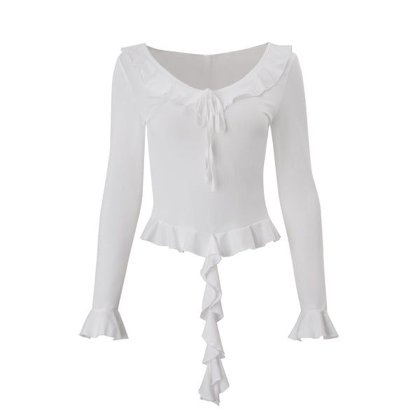 Long flared sleeve ruffle v neck self tie top