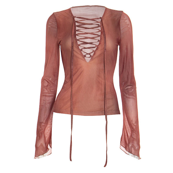 Long sleeve lace up mesh ruffle top