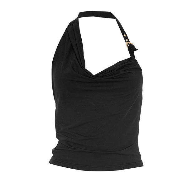 Halter cowl neck buckle solid top