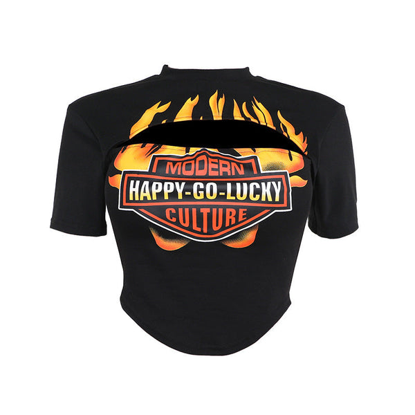 Short sleeve crewneck hollow out letter print top