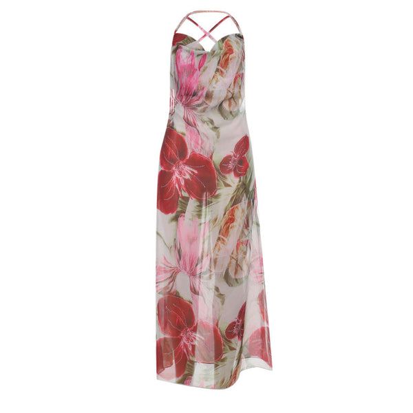 Cowl neck flower print slit self tie maxi dress