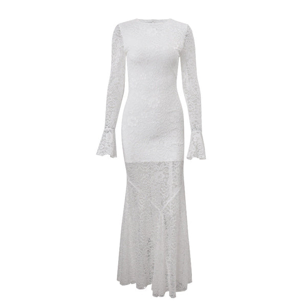 Long sleeve lace crewneck hollow out maxi dress