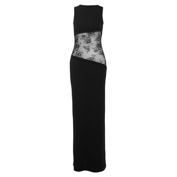 Crewneck lace patchwork backless maxi dress