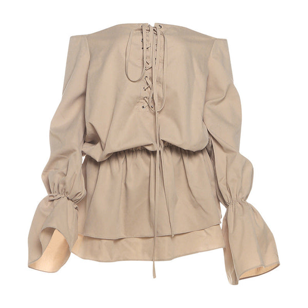 Long flared sleeve off shoulder lace up mini dress