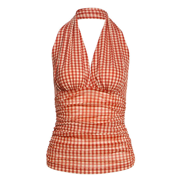 Plaid halter backless ruched top