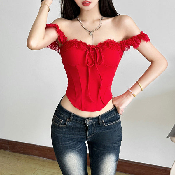 Off shoulder lace hem corset solid top