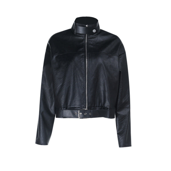 Long sleeve high neck PU leather zip-up coat top