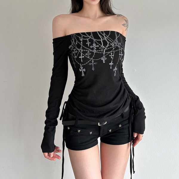 Off shoulder drawstring long sleeve print top