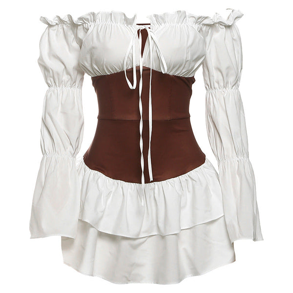 Long flared sleeve off shoulder ruched mini dress