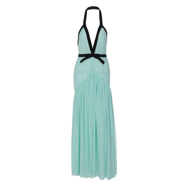 Halter ruched mesh deep V neck maxi dress