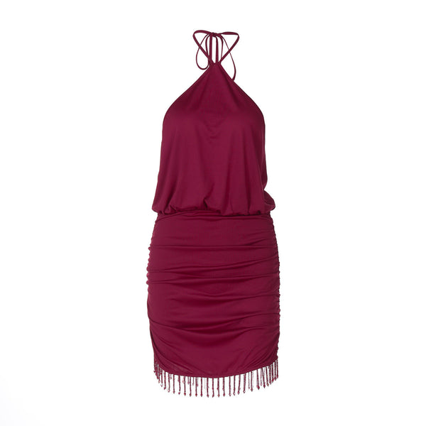 Self tie halter ruched tassels mini dress