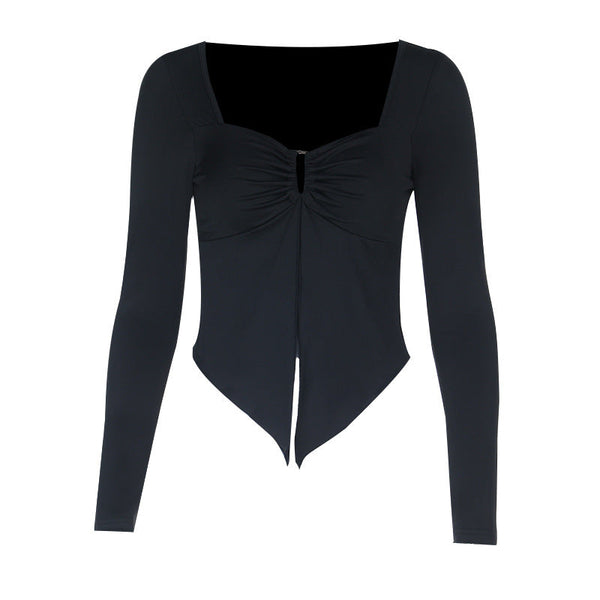 Long sleeve v neck ruched hollow out top