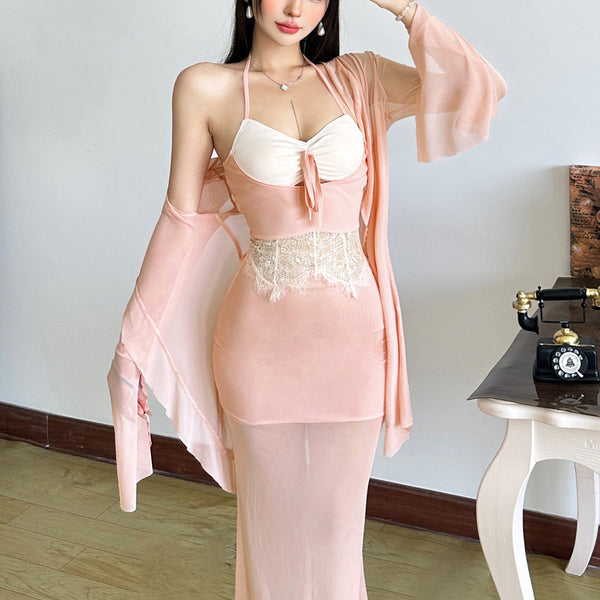 Halter ruched mesh lace patchwork maxi dress