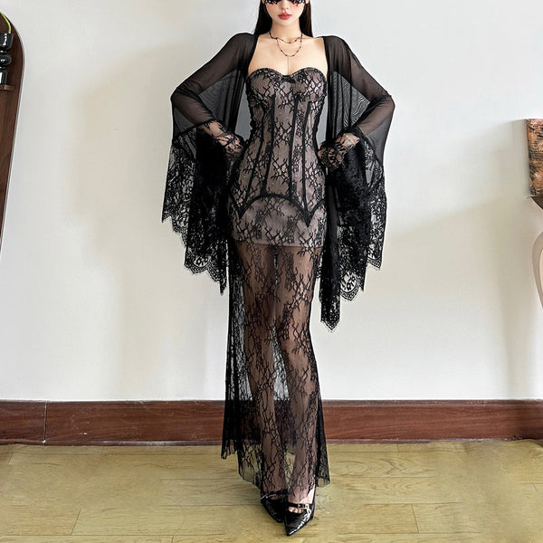 Sweetheart neck bustier lace maxi dress