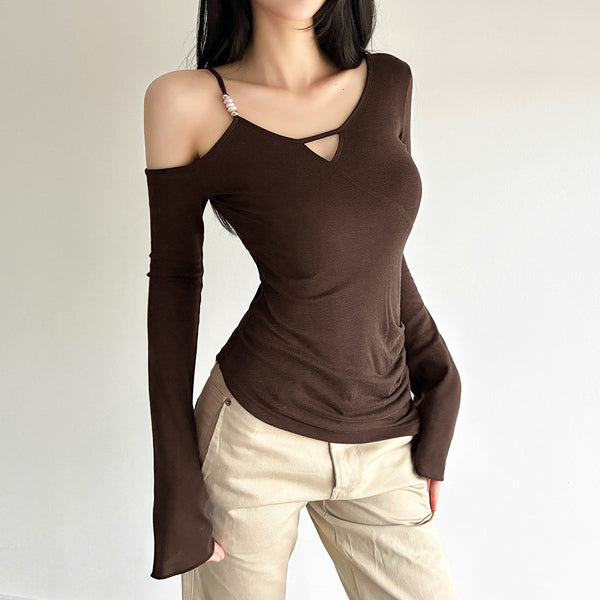 One shoulder long sleeve hollow out beaded top
