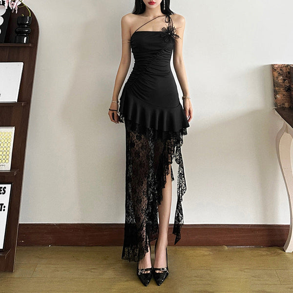 Ruffle lace slit flower applique maxi dress