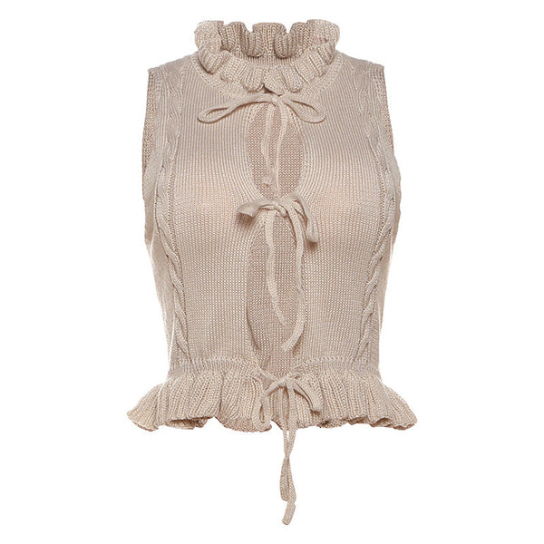 Sleeveless knitted ruffle self tie top